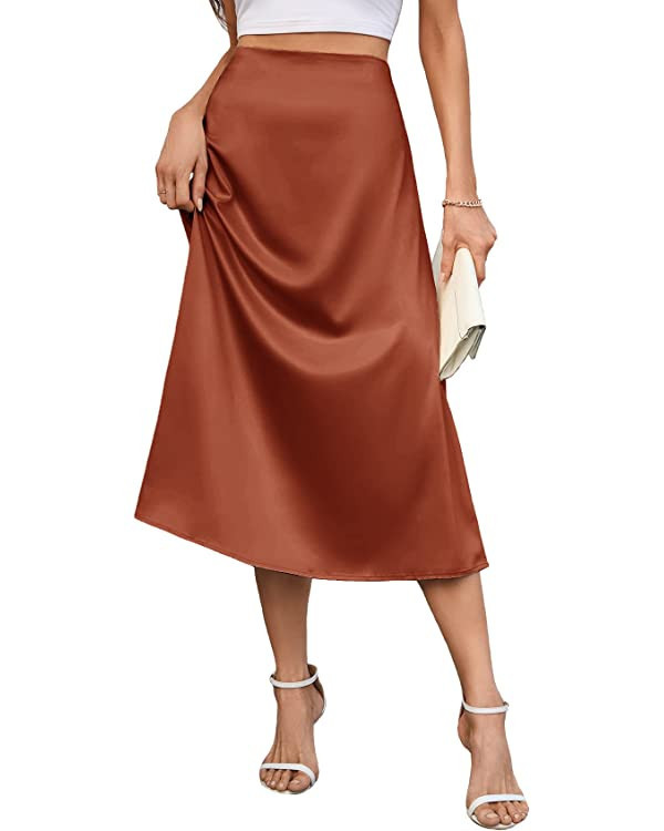 AISWI Women's 2023 Satin Midi Skirt Summer High Waist Silk A-line Swing Skirt Elegant Casual | Amazon (US)