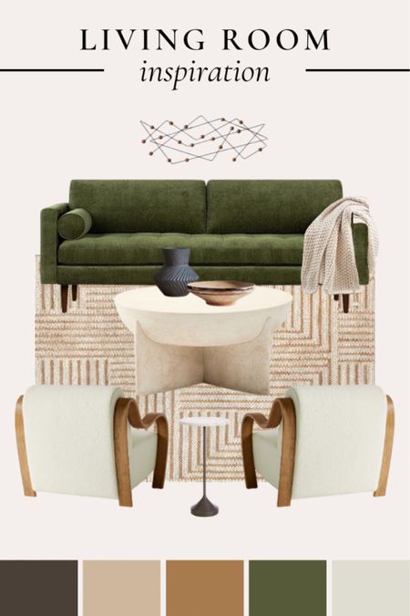 Living room inspo with a pop of color! I love using olive green as an accent in neutral spaces
•••
Green sofa, green couch, accent chairs, neutral decor, neutral chair, concrete coffee table, round coffee table, neutral rug, living room styling 

#LTKstyletip #LTKhome #LTKsalealert