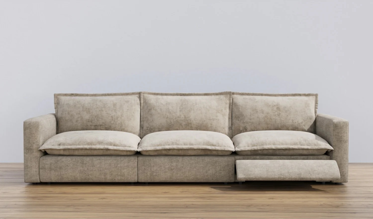 Warm Sand Luxe Reclining Sofa 3 Seat Couch in Beige Velvet | Homebody