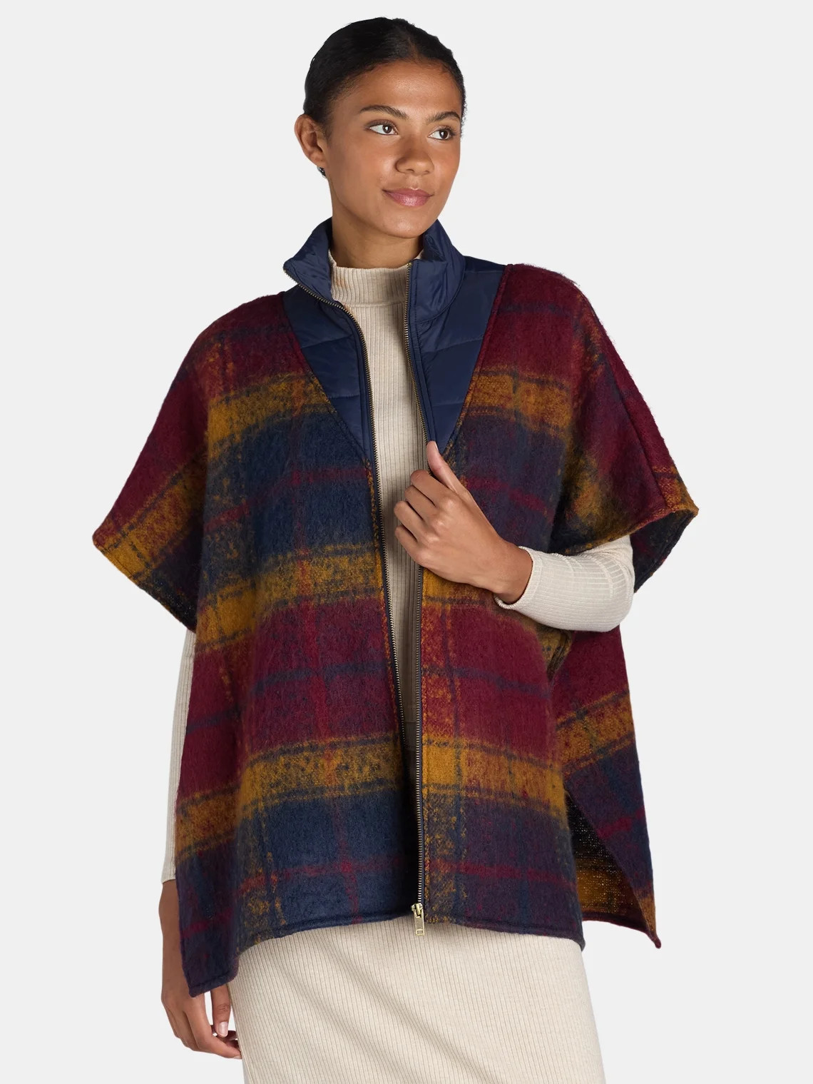 Time and Tru Women's Plaid Fashion Cover-Up Puffer Poncho, Wine, Size S/M | Walmart (US)