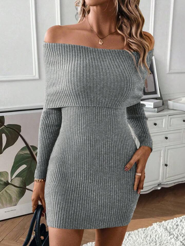 SHEIN Essnce Off Shoulder Foldover Bodycon Sweater Dress | SHEIN