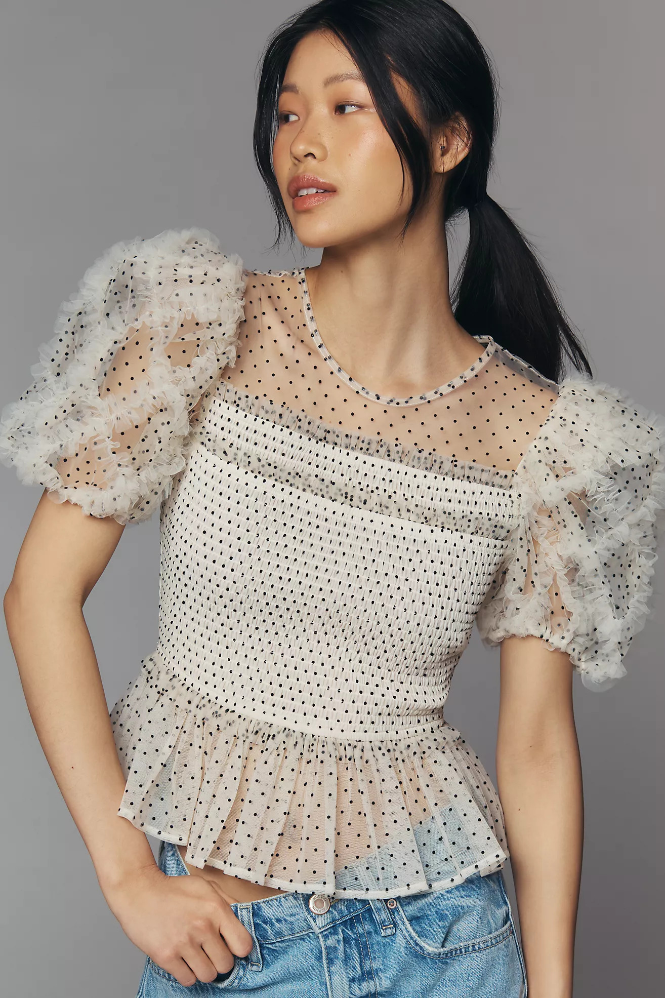 English Factory Sheer Puff-Sleeve Top | Anthropologie (US)