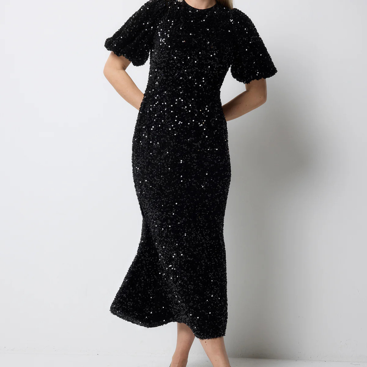 Black Sequin Tie Back Puff Sleeve Velvet Midi Dress Scamp & Dude | Scamp & Dude