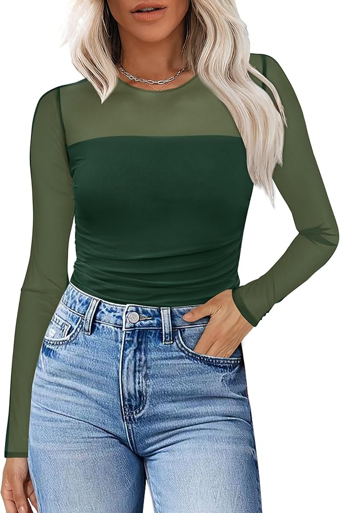 XIEERDUO Women's Sexy Sheer Long Sleeve Tops Crew Neck Mesh Ruched Going Out Shirts Blouse Date N... | Amazon (US)