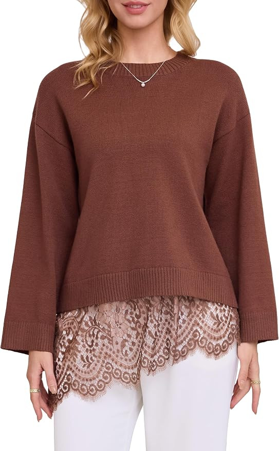 Womens Lace Hem Knit Pullover Casual Long Sleeve Top | Amazon (US)