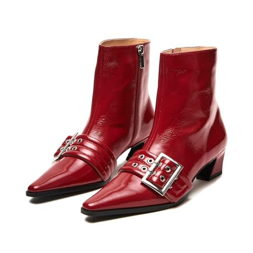 Vaslemuse Women Buckle Ankle Boots Kitten Low Heel Eyelet Booties Sexy Pointy Toe Fashion Leather Dress Boots with Zips - Red Size 9.5 | Amazon (US)