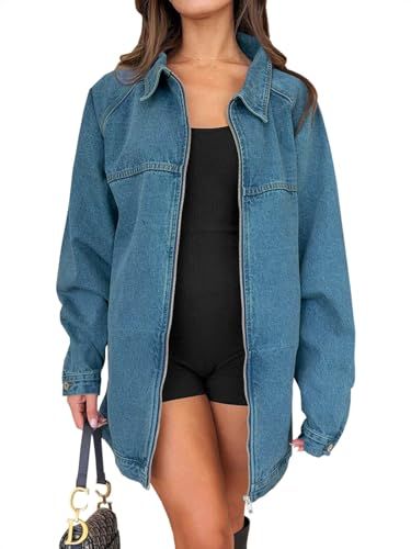 Tankaneo Womens Oversized Denim Jackets Casual Zip up Spring Long Sleeve Jean Jacket with Pocket | Amazon (US)