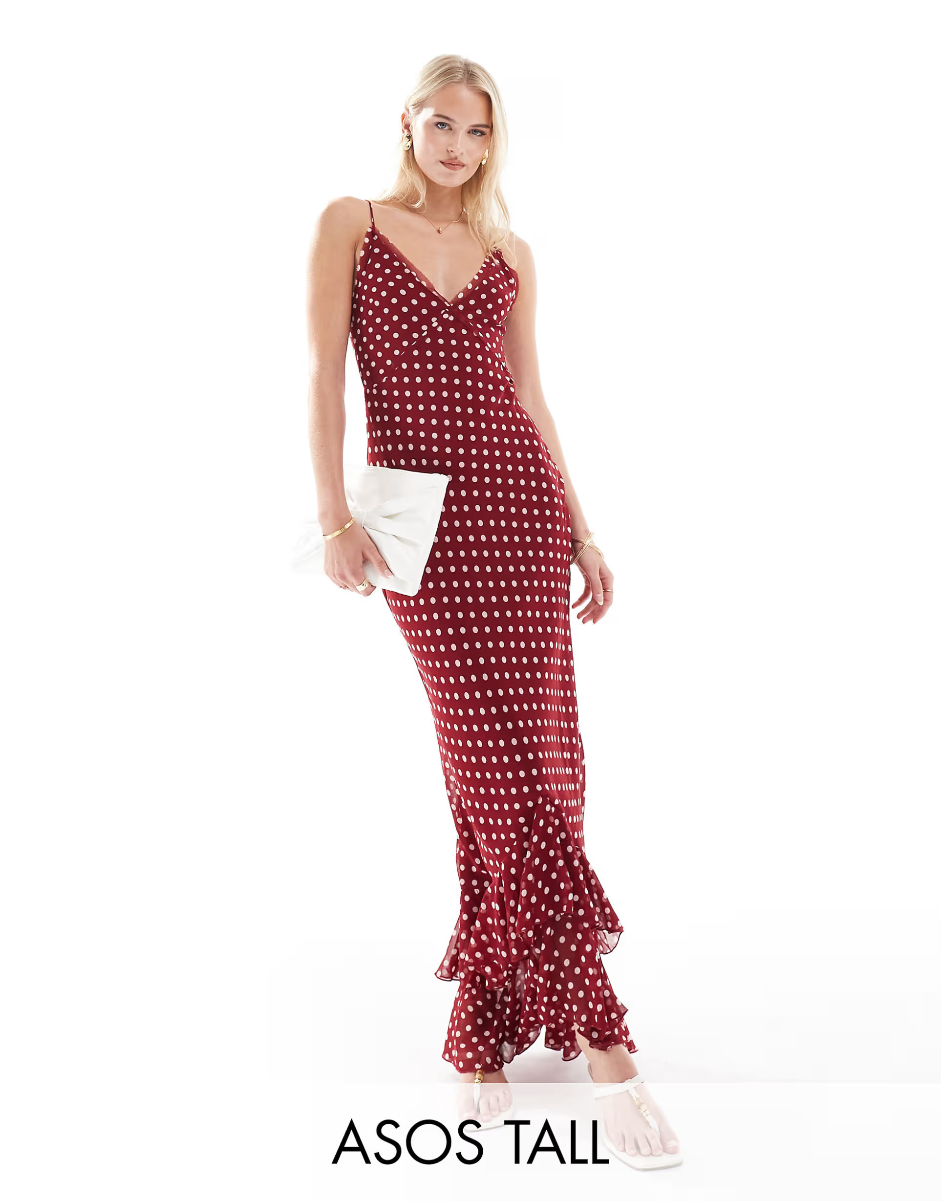 ASOS DESIGN Tall V neck strappy cross back maxi dress with raw edge details in burgundy spot | ASOS (Global)