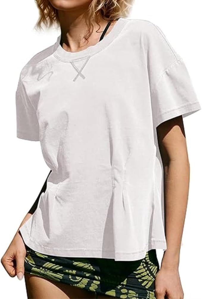 Womens Summer Pleated Babydoll Tee Crewneck Short Sleeve Peplum Top Casual Flowy Tshirts | Amazon (US)