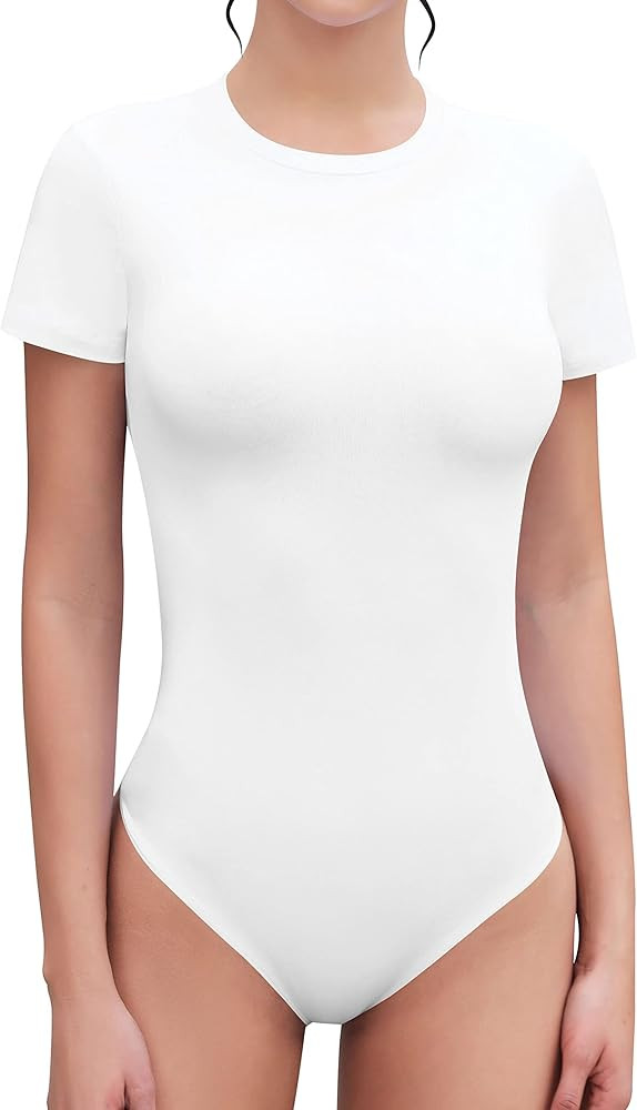 SHEIUGU Women's Crew Neck Short Sleeve Slim Fit T Shirts tops Basic Bodysuit Leotard Clothing | Amazon (US)