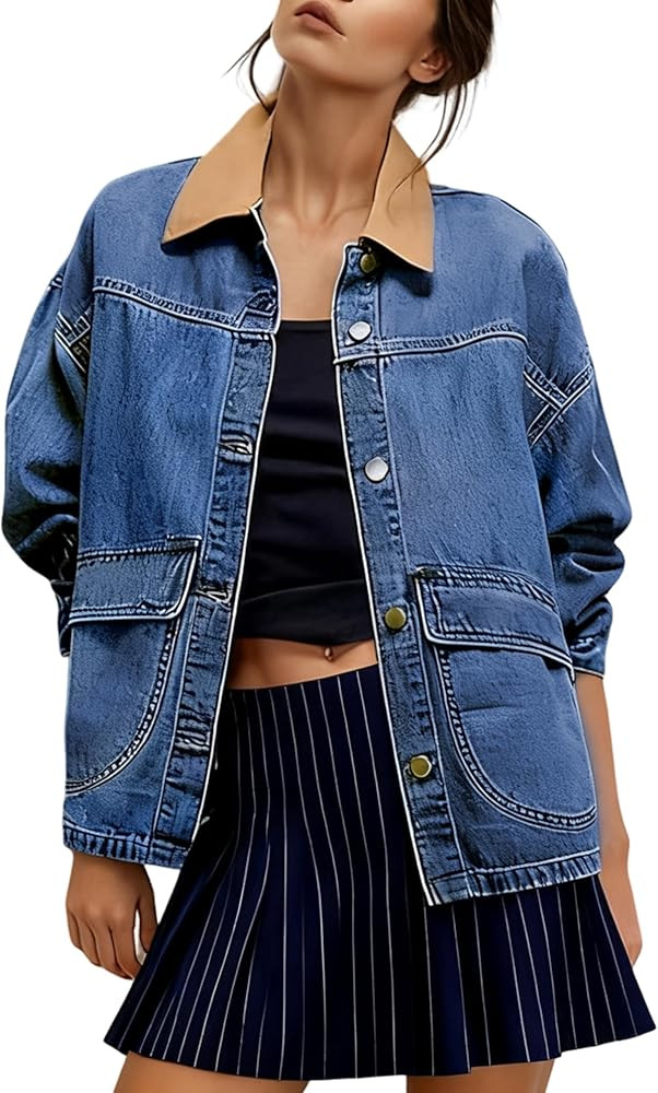 Yeokou Women Oversize Denim Jacket Casual Button Down Jean Coat Long Sleeve Shacket Outfit with P... | Amazon (US)