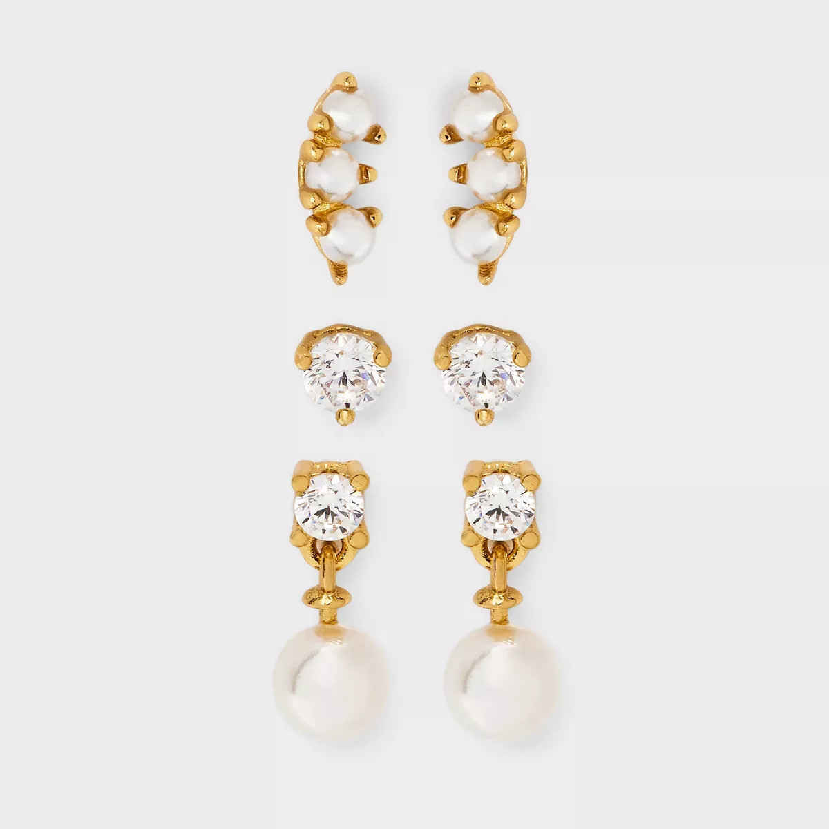 14K Gold Plated Cubic Zirconia Pearl Dangle Stud Earring Set 3pc - A New Day™ Gold | Target