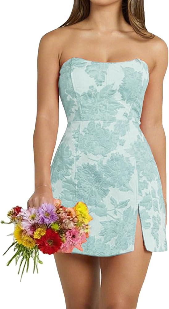 Strapless Bodycon Homecoming Dresses for Teens 2025 Short Jacquard Satin Mini Cocktail Party Dres... | Amazon (US)