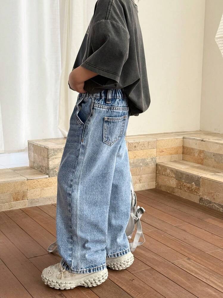 SHEIN Young Boys'Trending Stonewashed Casual Wide Leg Baggy Blue Denim Jeans,Kids Spring/Summer Clothes Daily Wear Outfits | SHEIN