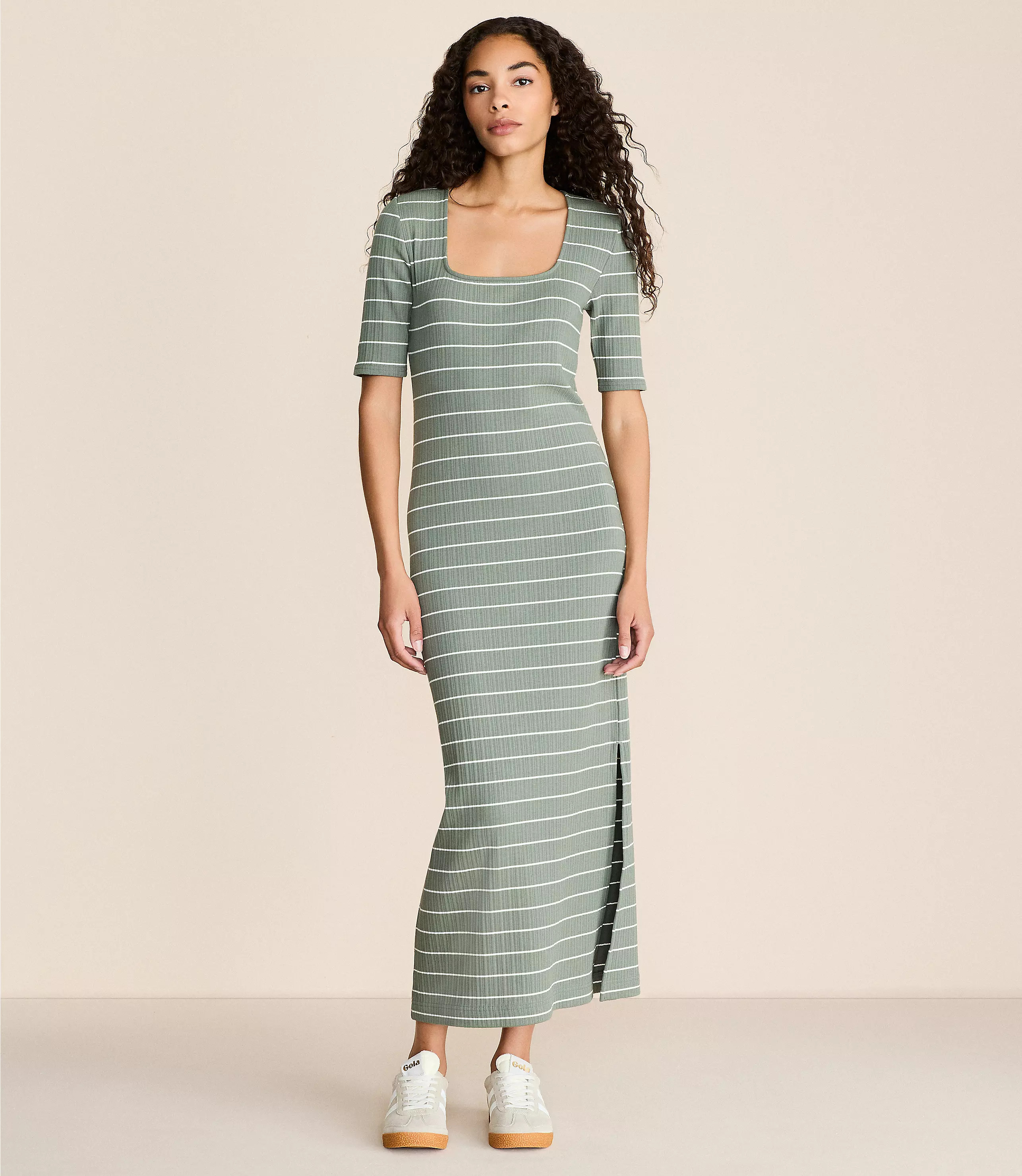 Lou & Grey Stripe Ribbed Maxi Elbow Sleeve Dress | LOFT