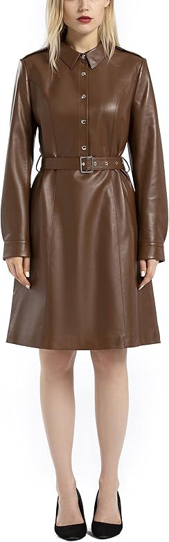 Women's Leather Midi Dress Long Sleeves Button Down Shirts Dresses with Belt SmartUniverseWear | Amazon (US)