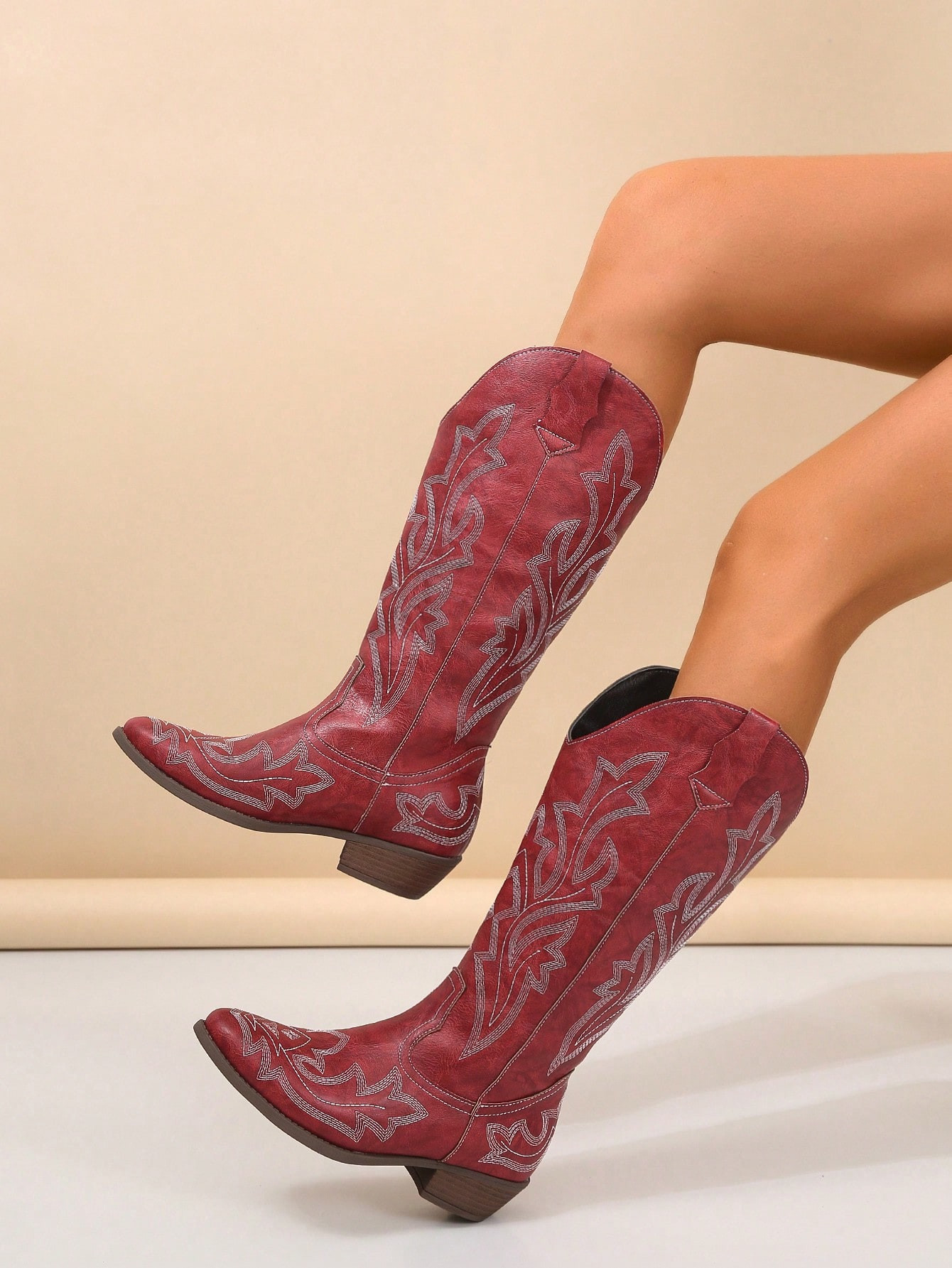 Women Random Irregular Embroidery Design  Boots Vintage Vacation Style Mid-Calf Boots, Cowboy Boo... | SHEIN