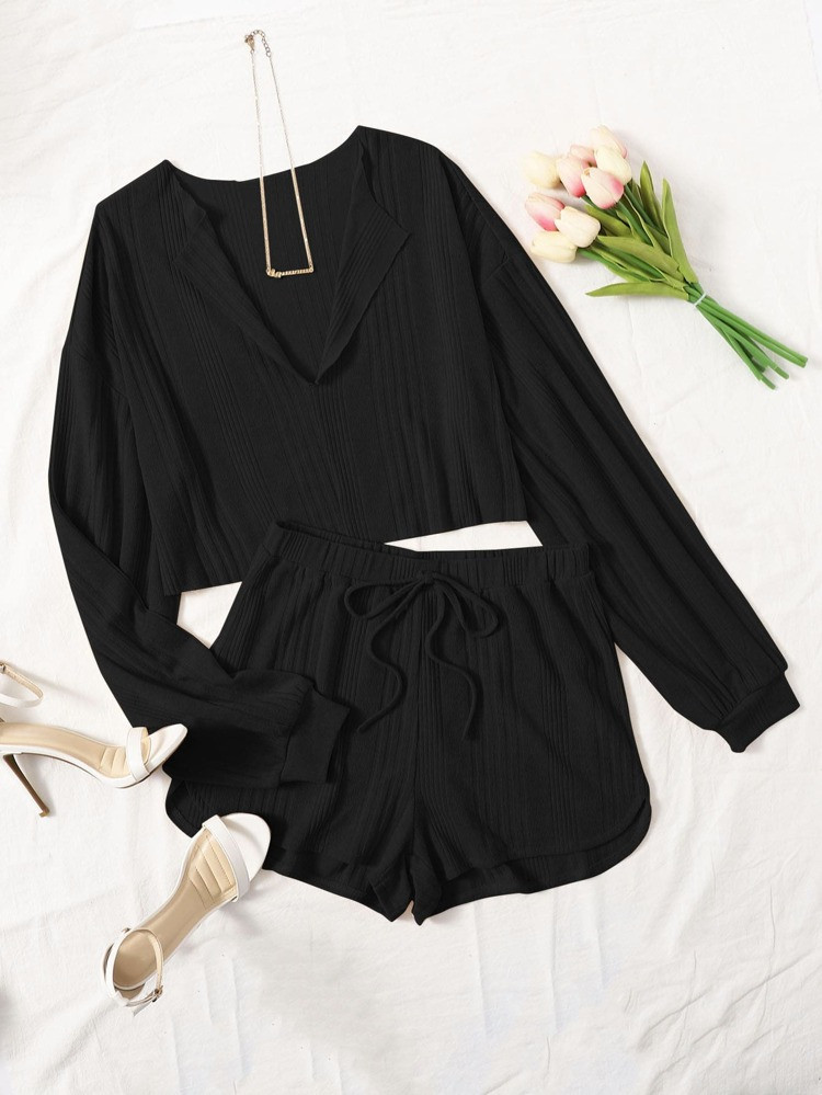 SHEIN Drop Shoulder Notched Neck Top & Shorts Set | SHEIN