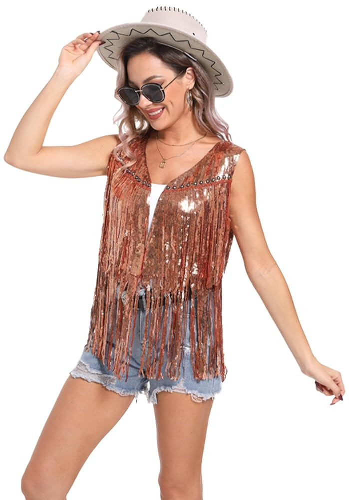 Sequin Fringe Vest - Sparkly Tassels Jacket Rivet Sleeveless Open Front Tops Glitter Party Cowgir... | Amazon (US)