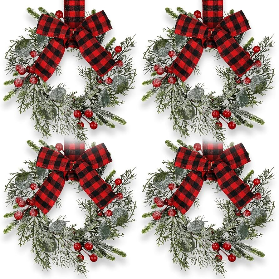 Syhood 4 Pcs 9" Mini Christmas Wreath Mini Cabinet Wreaths for Kitchen Christmas Red Berry with R... | Amazon (US)