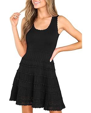 Fisoew Womens Summer Mini Dresses Casual Crewneck Knitted Crochet Hem Flowy Tank Sundress | Amazon (US)