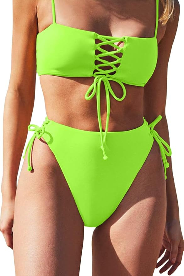 QINSEN Women's Spaghetti Strap Bandeau Lace Up High Waist 2PCS Bikini Set Simsuit | Amazon (US)