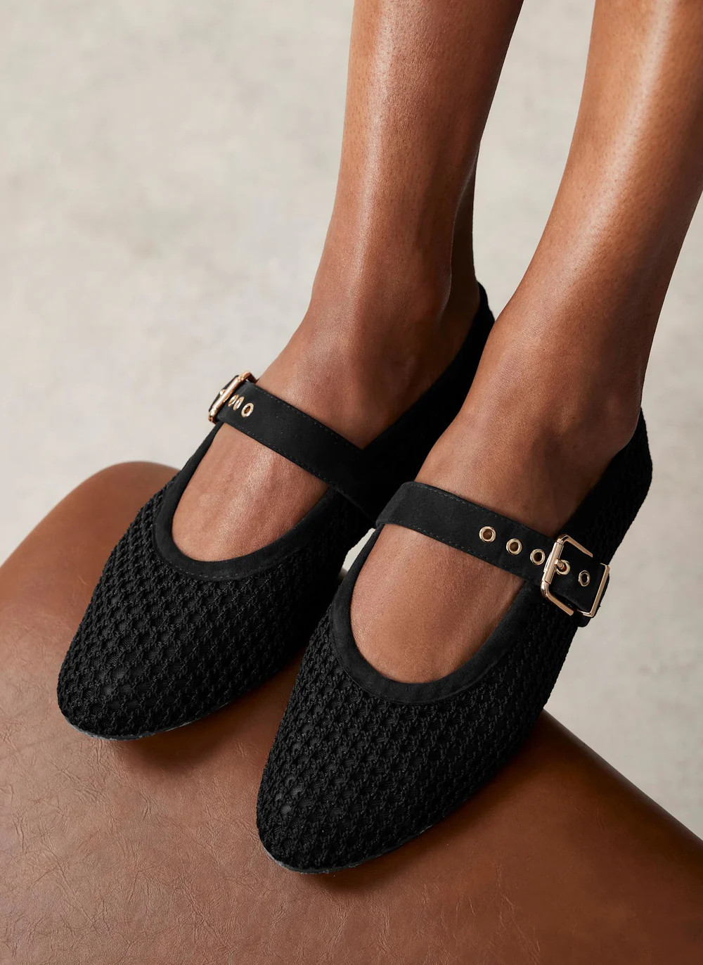 Trixie Black Mesh Ballet Flat Pumps | Mint Velvet