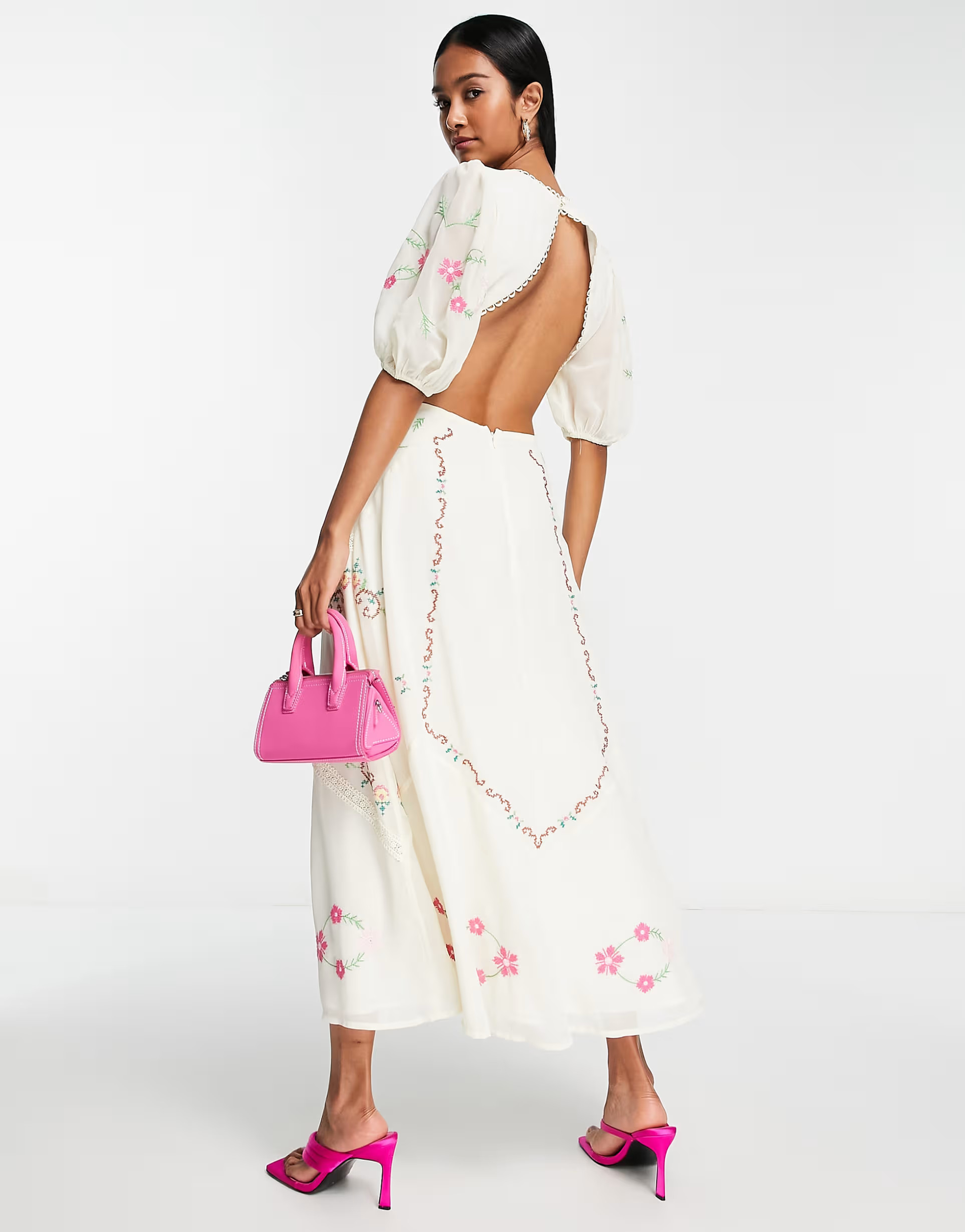 ASOS DESIGN embroidered lace insert cut out midi dress in white | ASOS (Global)