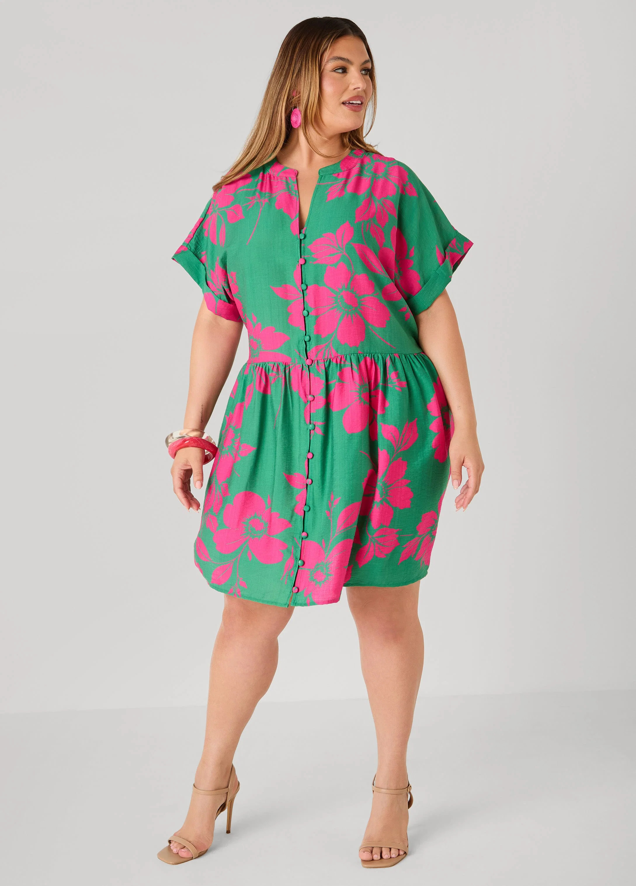 Cuffed Floral Babydoll Dress | Ashley Stewart