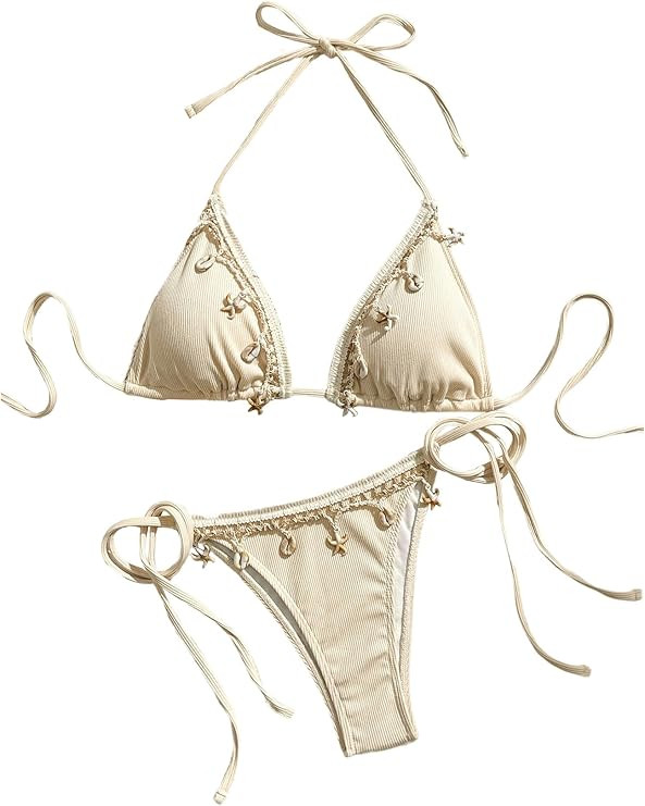 Verdusa Women's 2 Piece Halter Triangle Bathing Suit Ribbed Bikini Swimsuits | Amazon (US)