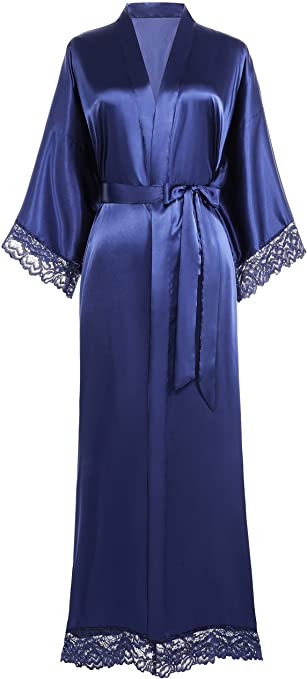 BABEYOND Satin Kimono Robe Long Bridesmaid Wedding Bath Robe with Lace Trim | Amazon (US)