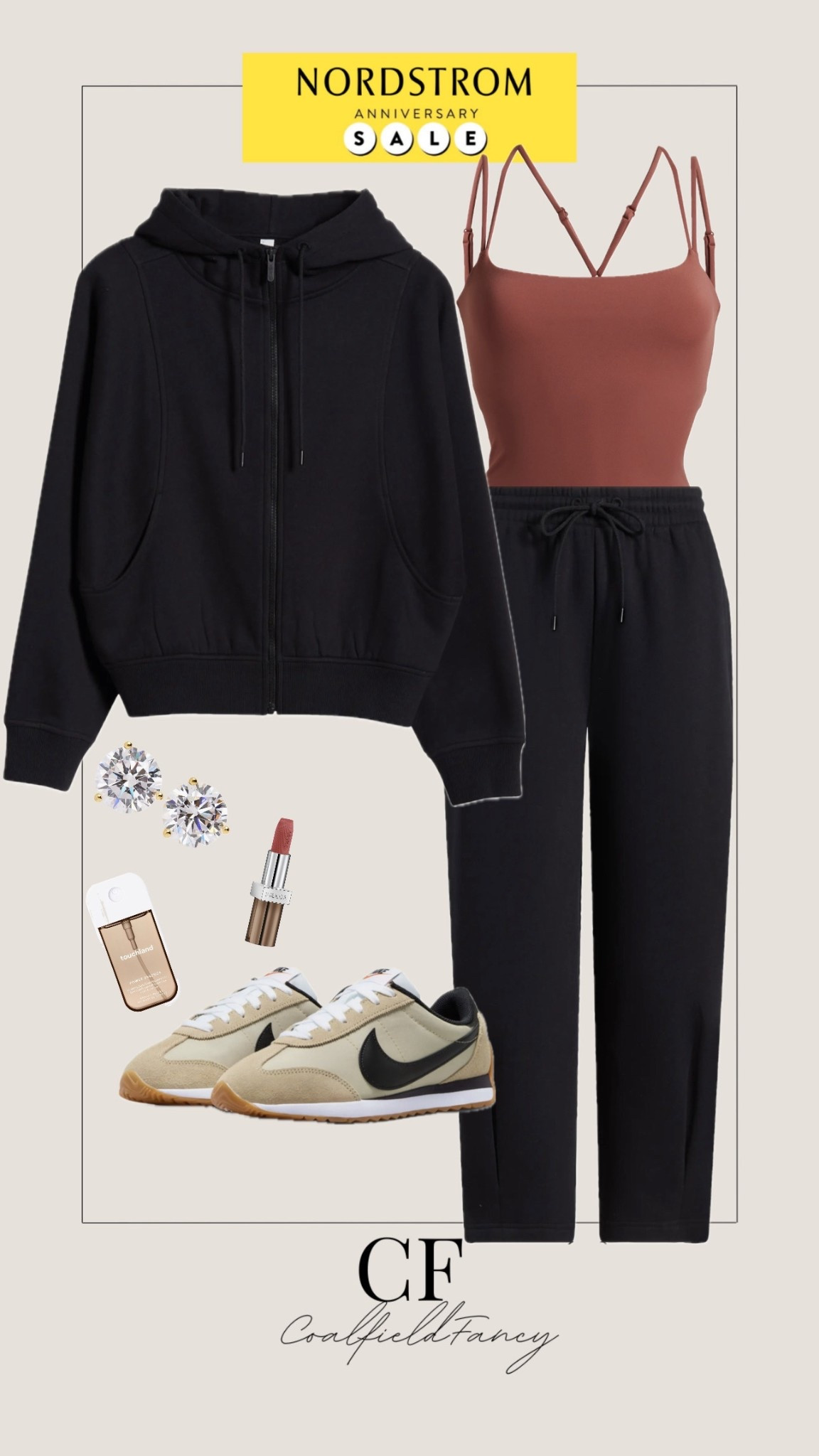 Nordstrom anniversary sale
Activewear 
Black zip up hooded jacket 
Black pleated joggers 
Nike sneakers 
Prada lipstick 

#LTKSaleAlert #LTKActive