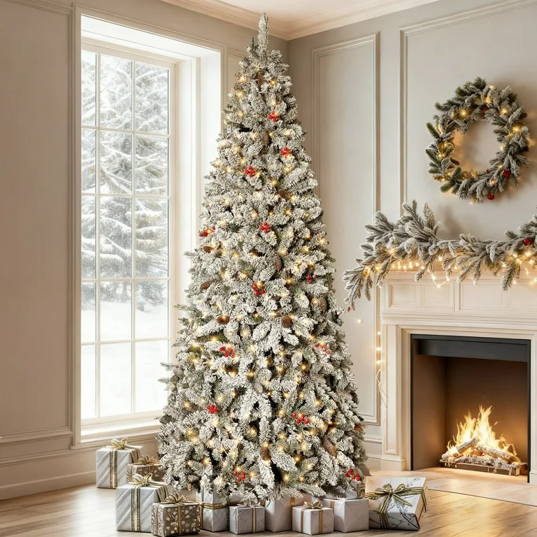 GVDV 7.5ft Pre-Lit Snow Flocked Christmas Tree, Pencil Artificial Berry Christmas Tree with Pinec... | Walmart (US)