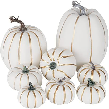 Artmag 8 Pcs Assorted Sizes Harvest White GOldline Artificial Pumpkins for Fall Halloween Thanksg... | Amazon (US)