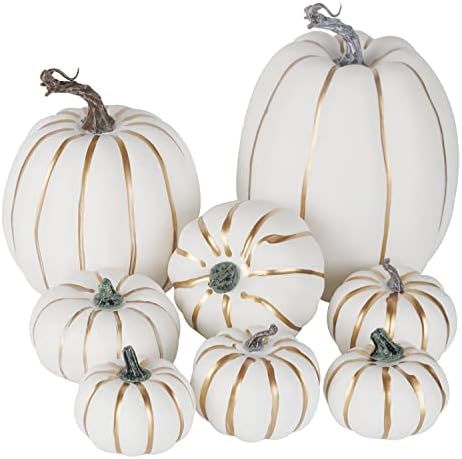 Amazon.com: Artmag 8 Pcs Assorted Sizes Harvest White GOldline Artificial Pumpkins for Fall Hallo... | Amazon (US)