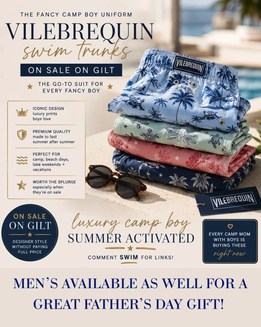 Okay camp moms with BOYS… if you know about Vilebrequin, then you already know 😭☀️

These are basically THE swim trunks for:
✨ fancy camp boys
✨ beach clubs
✨ summer vacations
✨ lake weekends
✨ boys who practically live in swimsuits all summer

And Gilt has them on sale right now 👏

They’re definitely a splurge brand, but the quality is SO good and they somehow survive endless chlorine, camp laundry, sand, lake water, and rough little boy summers 😂

If you’ve been wanting to grab a pair without paying full designer pricing… now is the time.

These would also make the perfect Fathers Day Gift! 

#Vilebrequin #BoysStyle #CampMom #SummerStyle #DesignerKids  

 