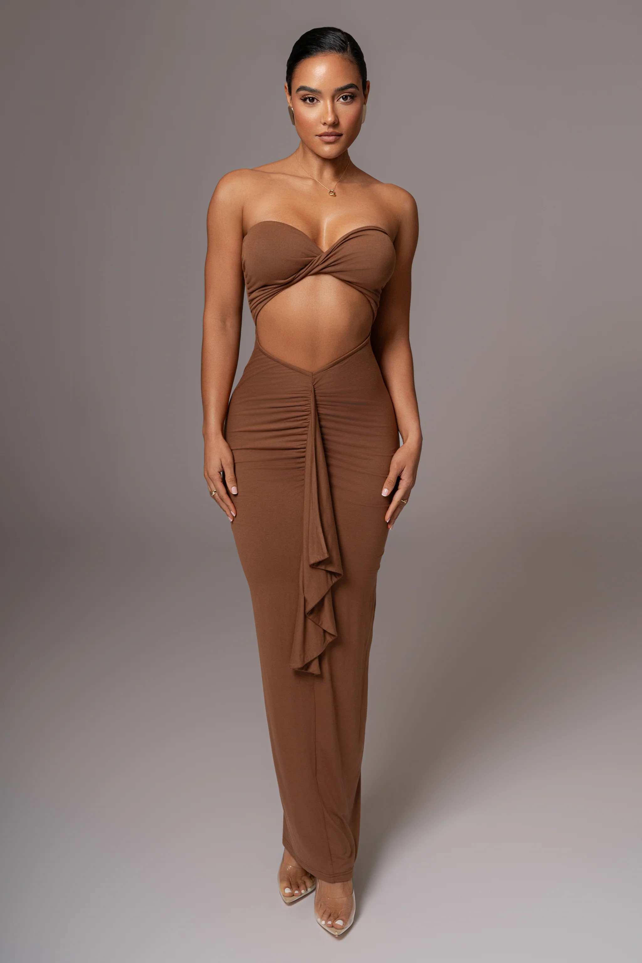 Chocolate Strapless Drape Maxi Dress | JLUXLABEL