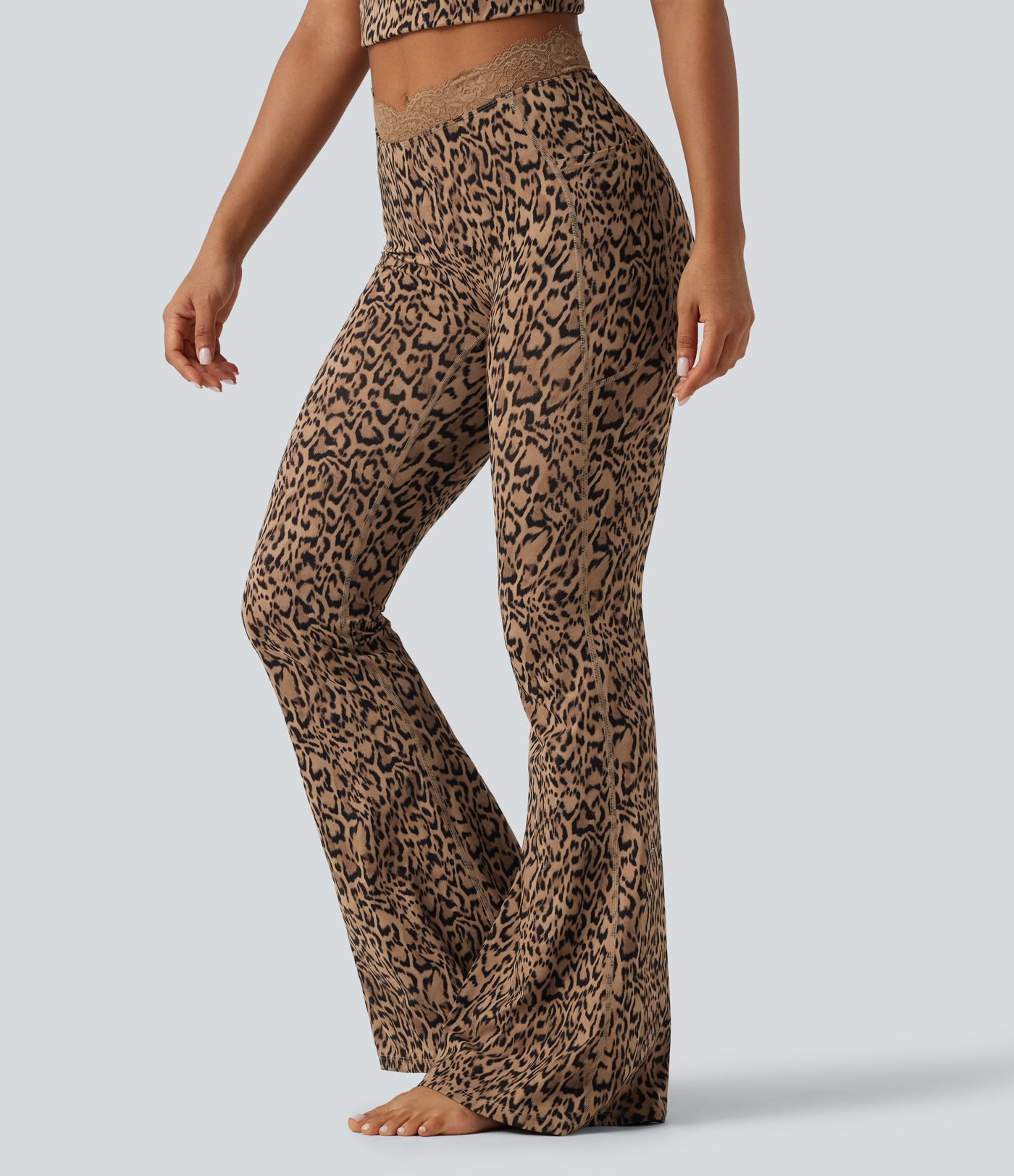 Halara UltraSculpt\u2122 Leopard Print V-Shaped High Waisted Contrast Lace Yoga Flare Leggings wi... | HALARA