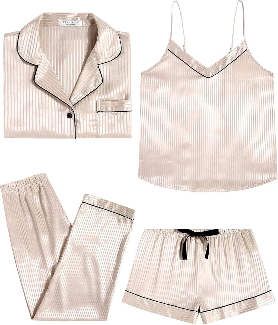 Ekouaer Women's Striped Satin Pajama Set 4 Pcs Silk Sleepwear Long Sleeve Button Down Pjs Sexy Cami  | Amazon (US)