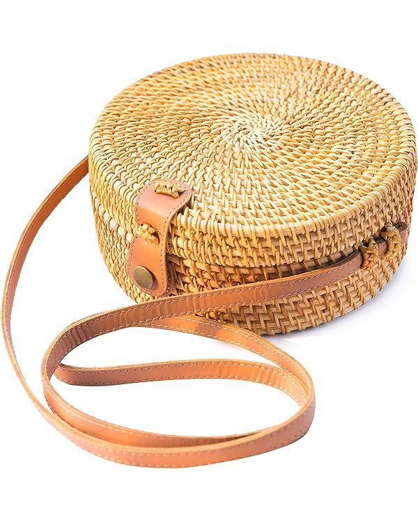 Handwoven Round Rattan Bag Shoulder Leather Straps Natural Chic Hand | Amazon (US)