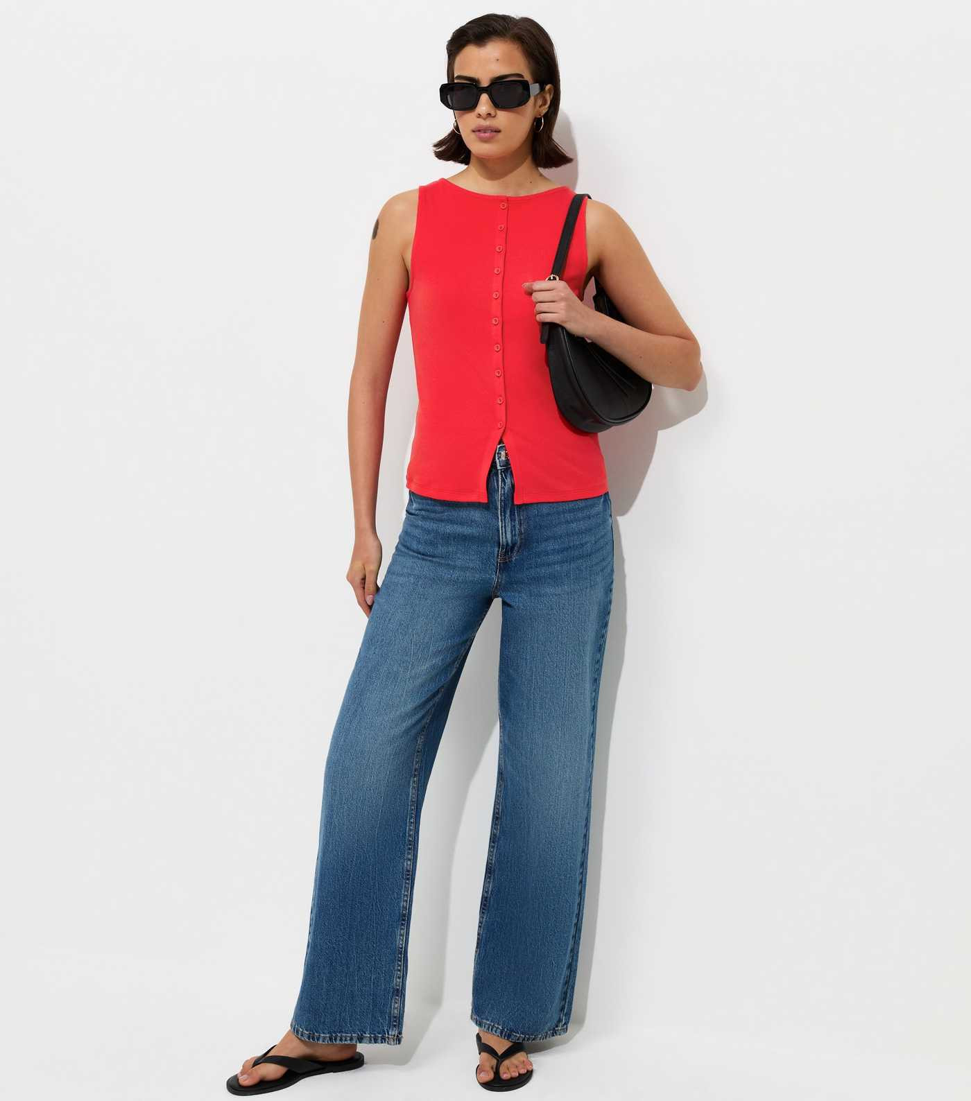 Bright Red Cotton Rich Button Through Tank Top | New Look | New Look (UK)
