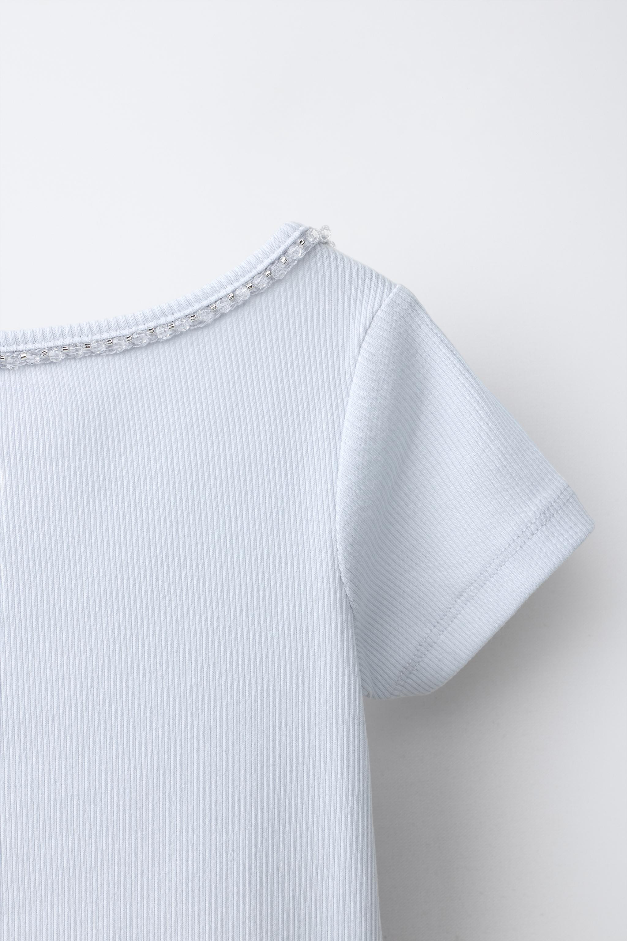 RIBBED T-SHIRT WITH JEWELS | Zara UK