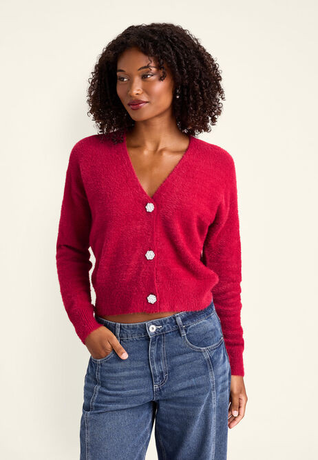 Womens Red Diamante Flower Button Cardigan | Peacocks