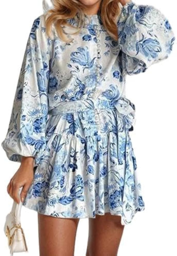 Women's Boho Print Mini Dress Retro Ruffle Hem Lantern Long Sleeve Mock Neck Button Down Shirt Dr... | Amazon (US)