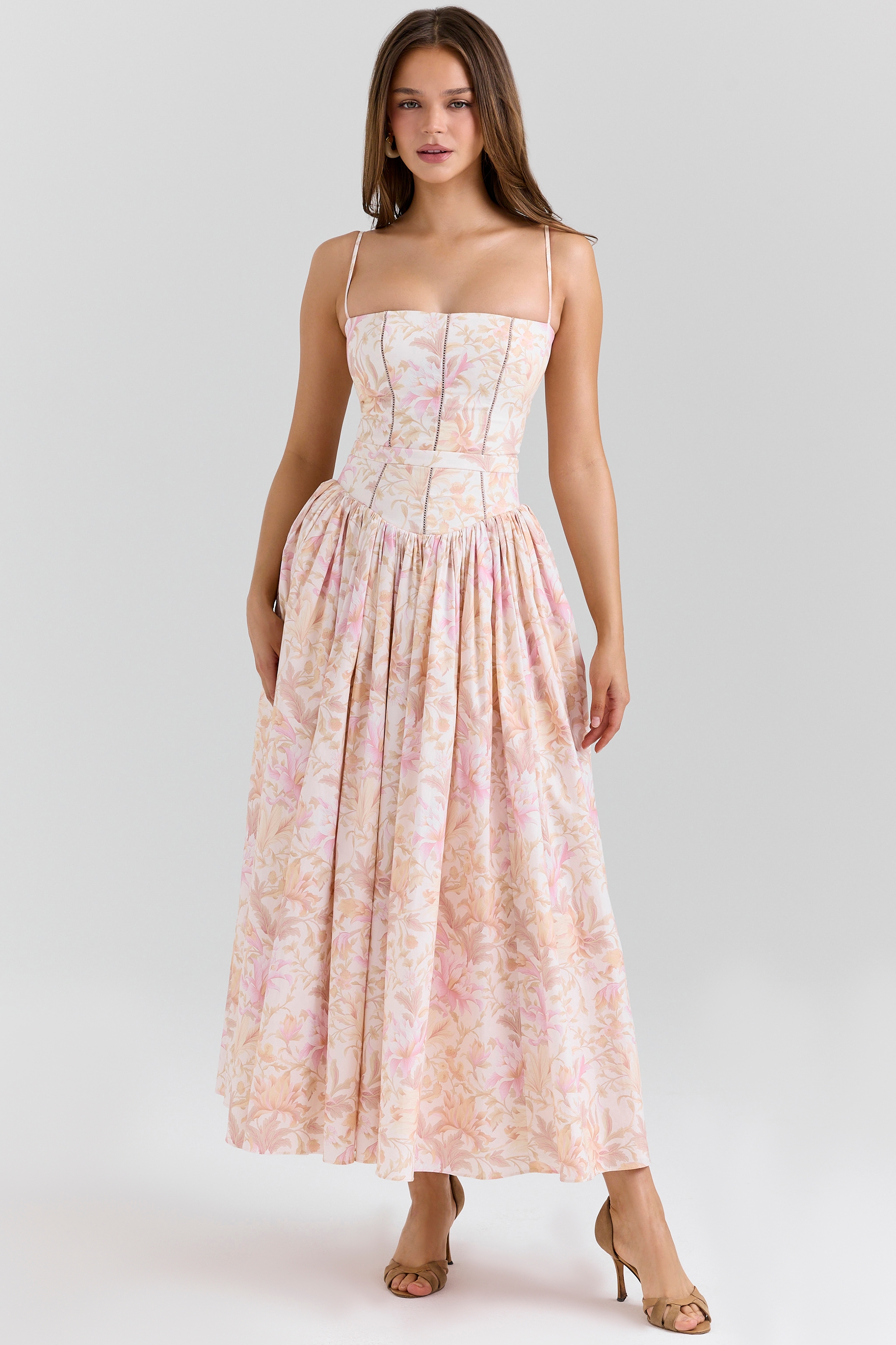 peach floral print stretch cotton midi sundress | House of CB