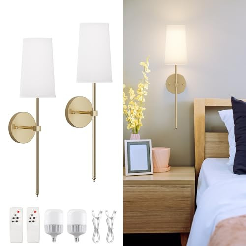 Tipace Battery Operated Wall Sconce Set of 2,Gold Rechargeable Wall Lights with Dimmable Detachable Bulbs and Remote,Wireless Sconces for Bedroom Living Room Hallway | Amazon (US)
