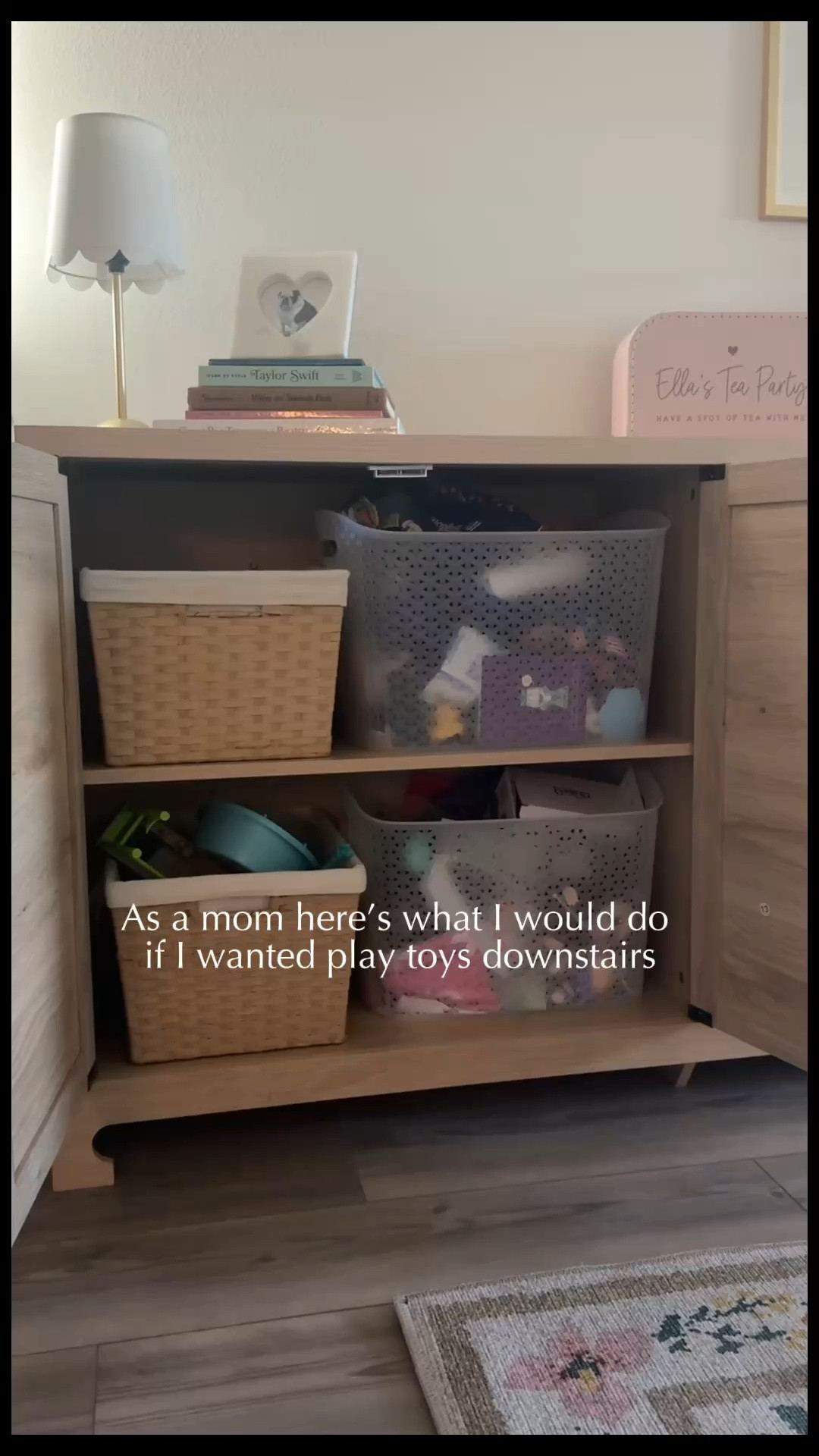 If I were starting over, this is exactly how I’d organize toys downstairs. 🤍

The goal wasn’t to hide everything—it was to make cleanup fast enough that we’d actually stick with it. Closed cabinets keep the visual clutter out of sight, while the bins, rolling art cart, and hanging storage give everything a designated home.

I’ve linked every piece I used, from the cabinets to the storage solutions, so you can recreate the system that works best for your space.

#LTKHome #LTKKids #LTKmomlife