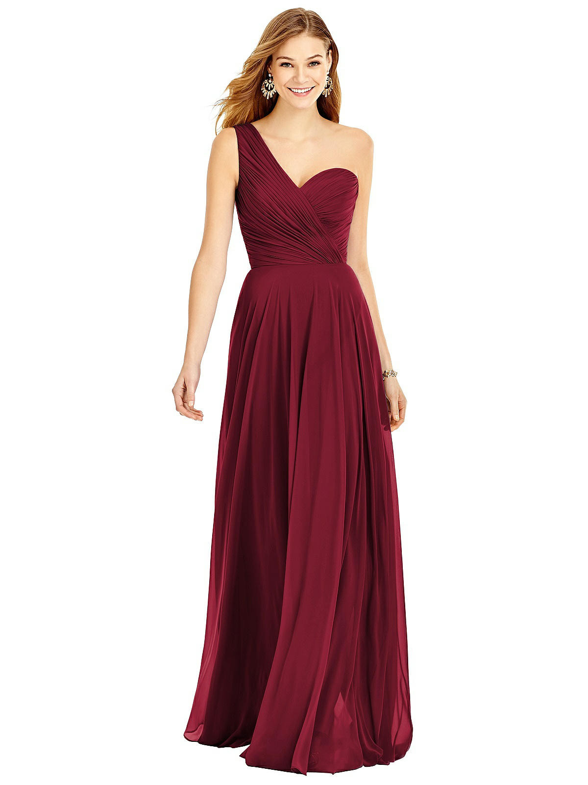 One-Shoulder Draped Chiffon Maxi Dress - Dani in Burgundy | Dessy Group