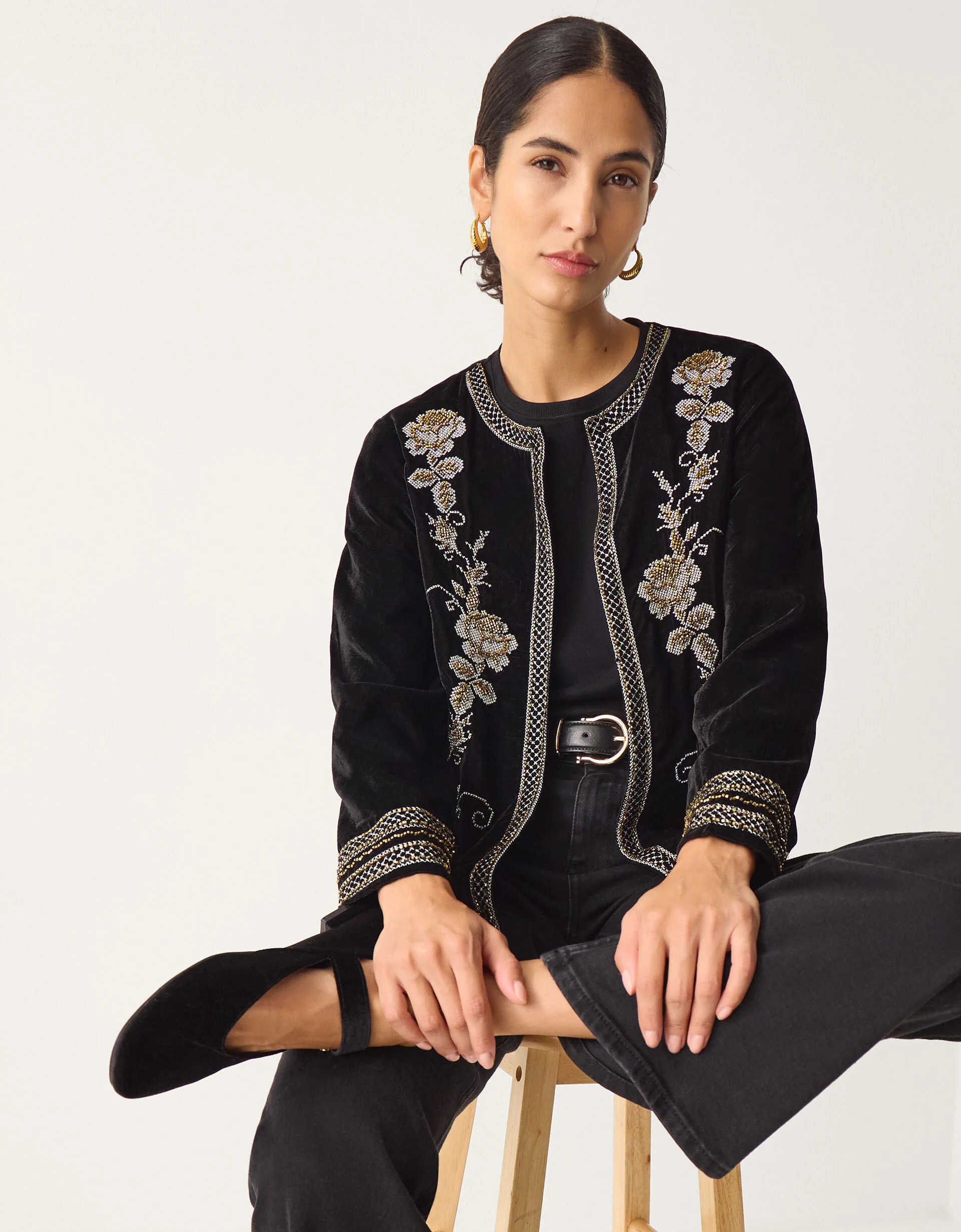 Heather Floral Embellished Velvet Jacket Black | Monsoon (UK)