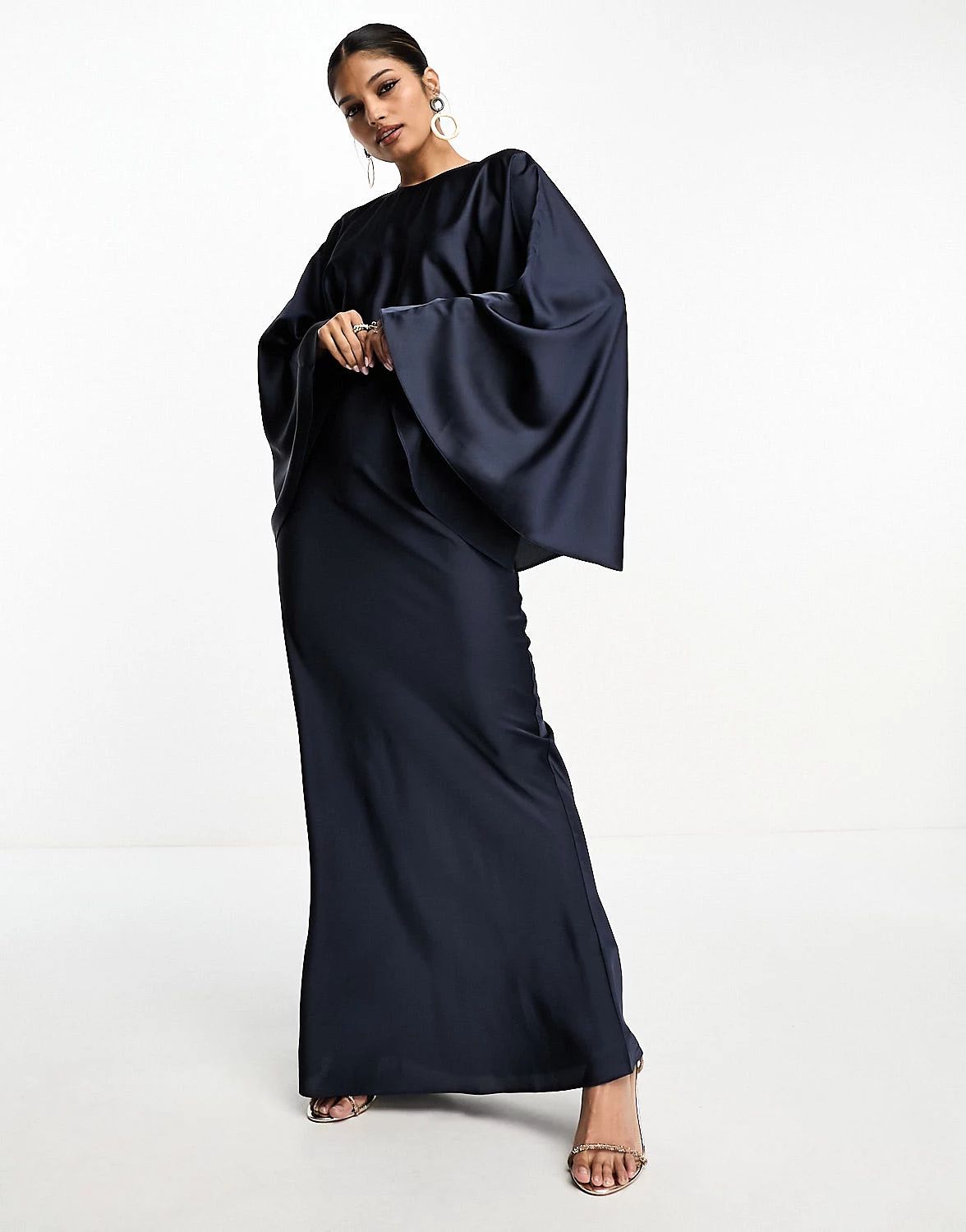 ASOS DESIGN Modesty satin batwing bias waisted maxi dress in navy | ASOS (Global)